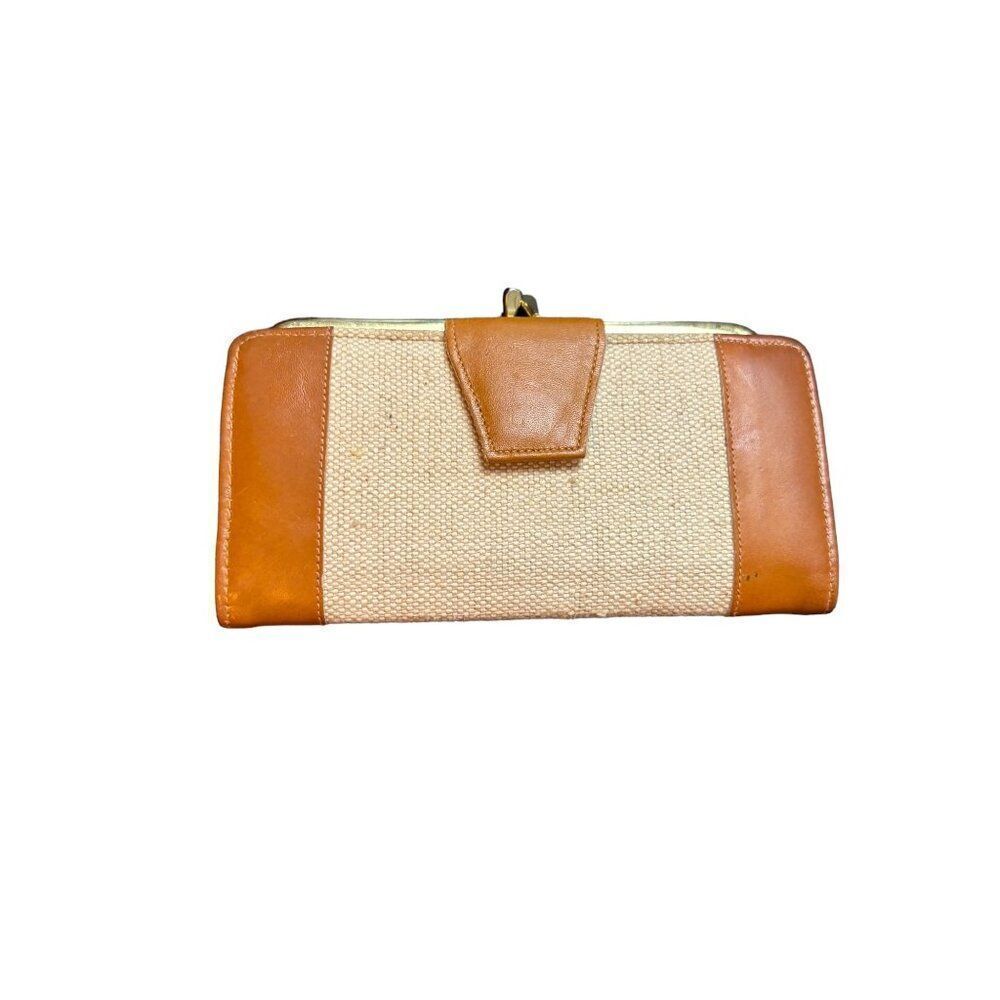 Vintage Brown Leather & Canvas  burlap Clutch Wallet With Snap Closure